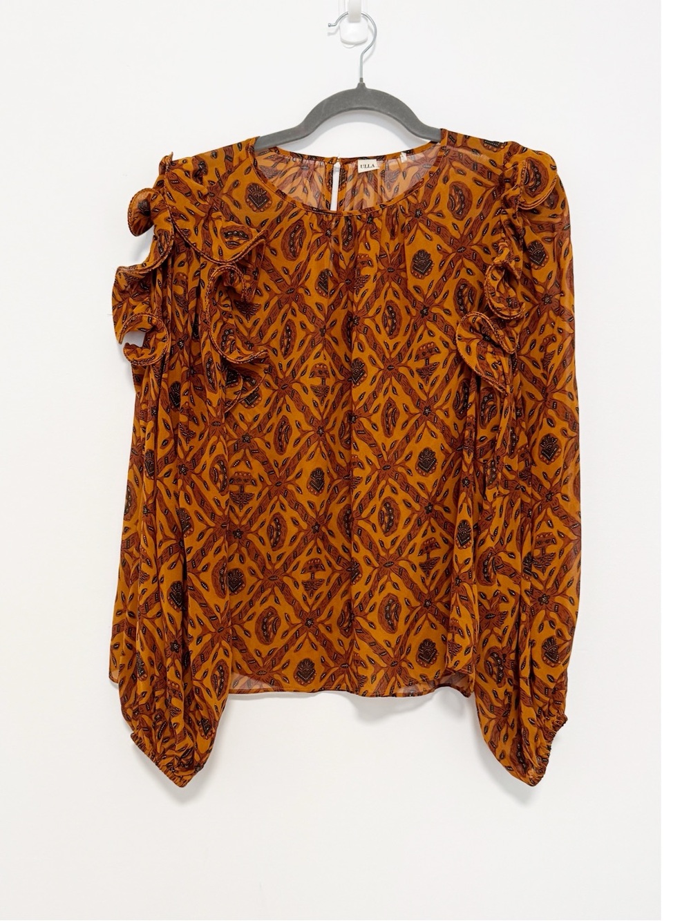 Ulla Johnson Medine Blouse in Ochre Silk Ruffle Orange Printed Size 4 - Picture 2 of 6